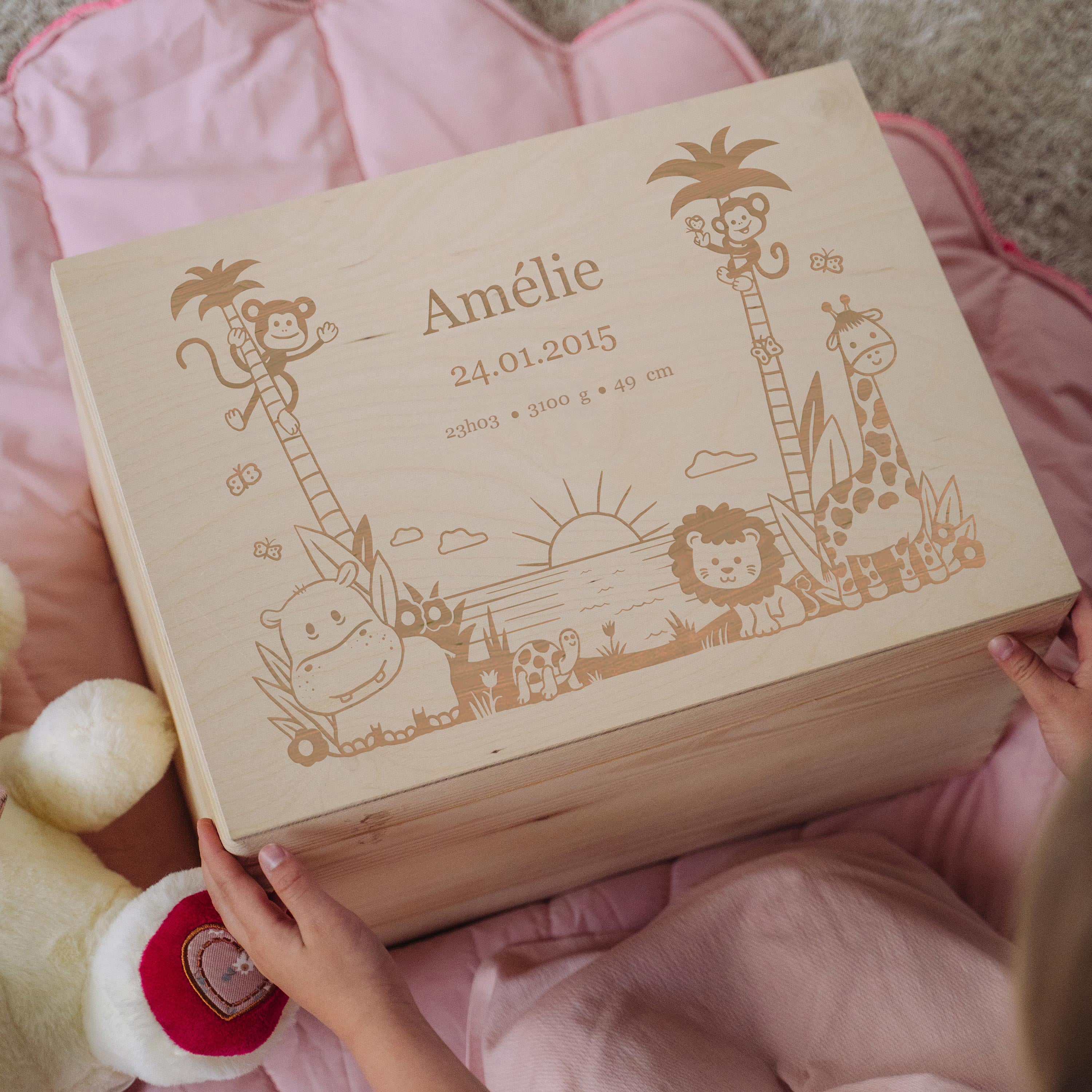 Boîte à souvenirs pour bébé personnalisée - Naturelle - Motif Jungle –