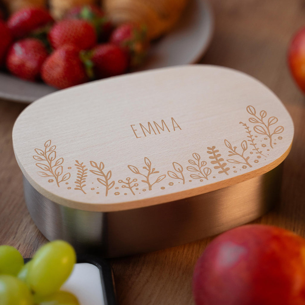 Boîte à repas personnalisée en inox avec couvercle en bois pour enfants - Motif floral - Image 2