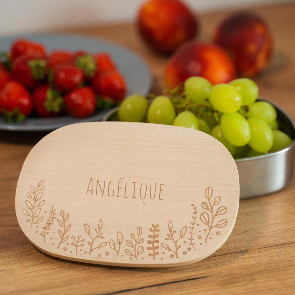 Boîte à repas personnalisée en inox avec couvercle en bois pour enfants - Motif floral - Image 7