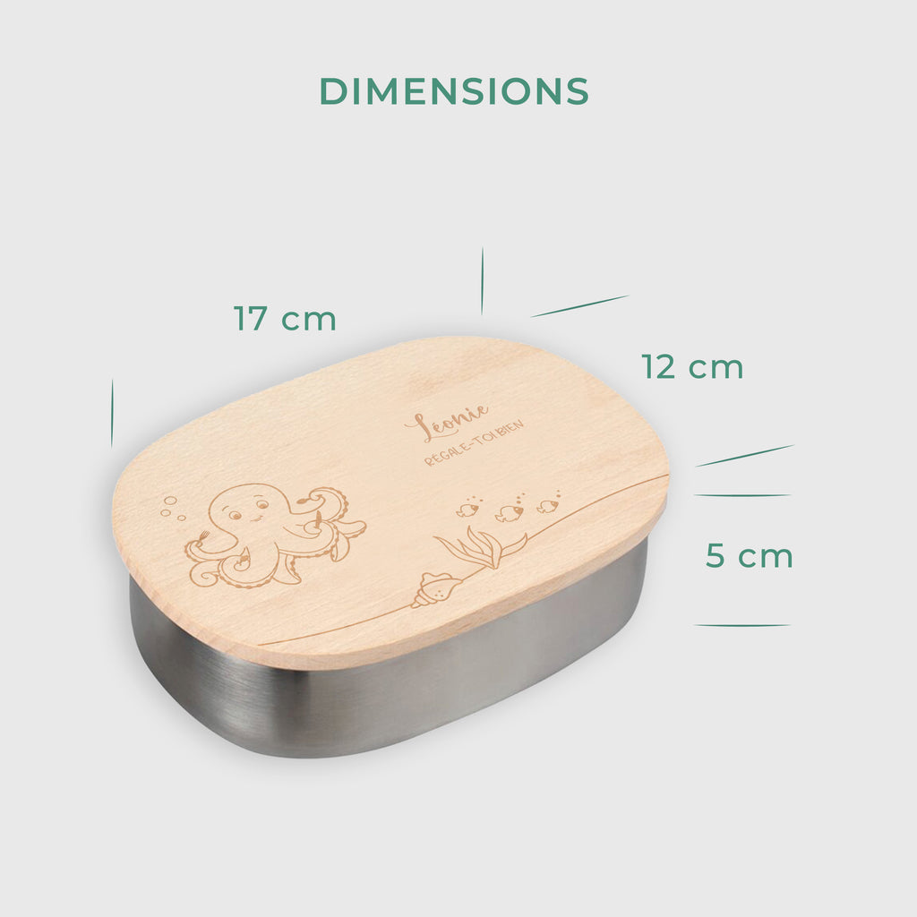 Boîte à repas personnalisée en inox avec couvercle en bois pour enfants - Motif pieuvre - Image 6