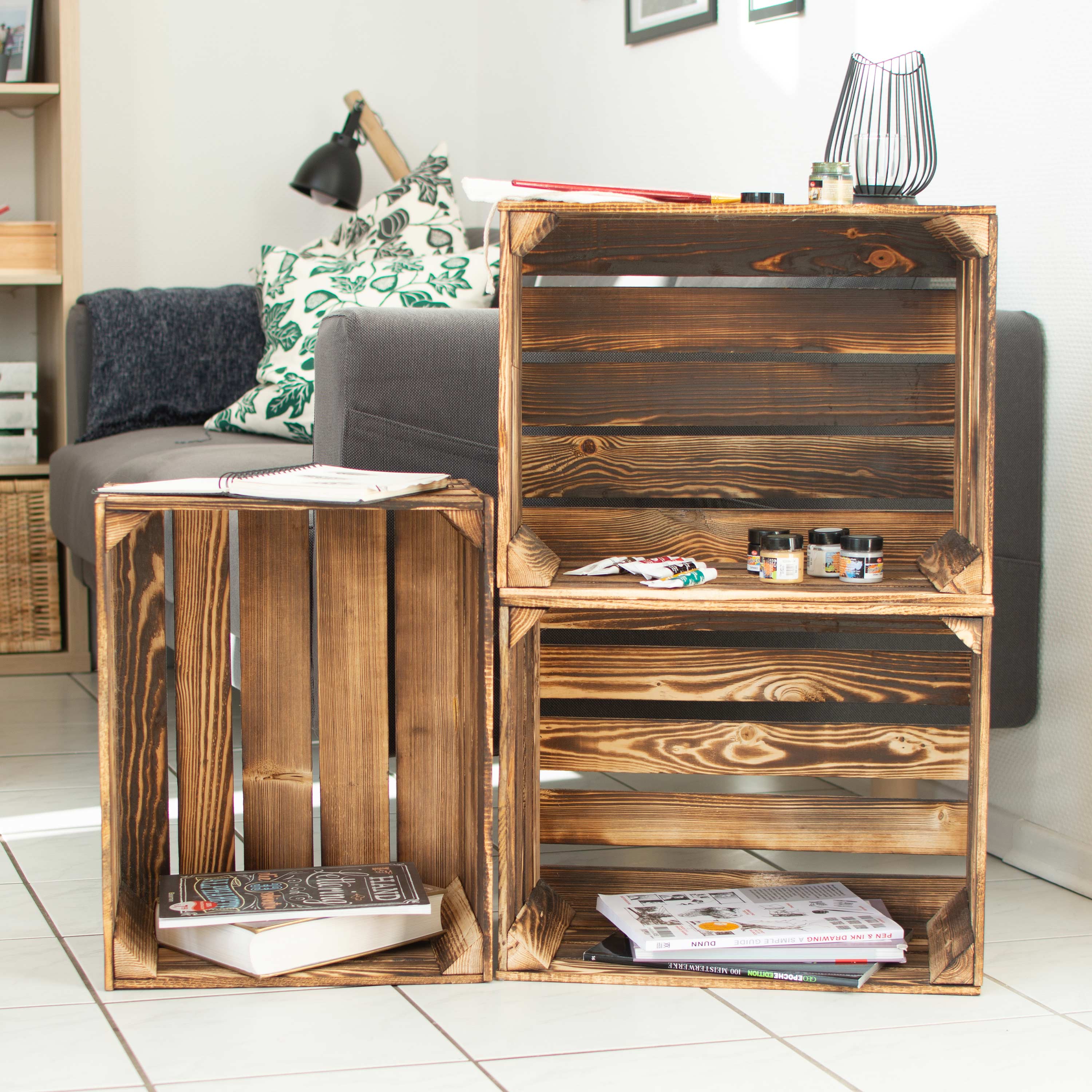 GrandBox Lot De 3 Caisses En Bois Vintage Pour Vin, Fruits Et Décoration - Style Shabby Chic