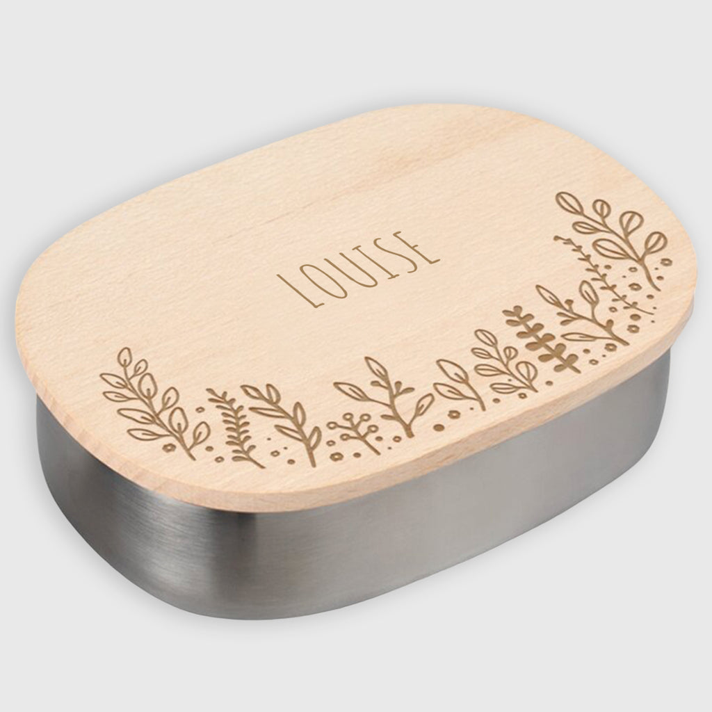 Boîte à repas personnalisée en inox avec couvercle en bois pour enfants - Motif floral - Image 1