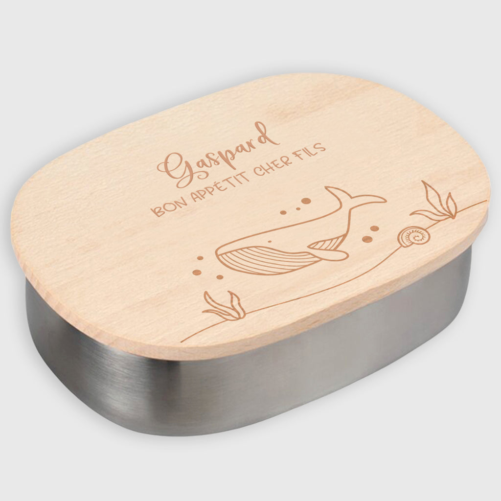 Boîte à repas personnalisée en inox avec couvercle en bois pour enfants - Motif baleine - Image 1