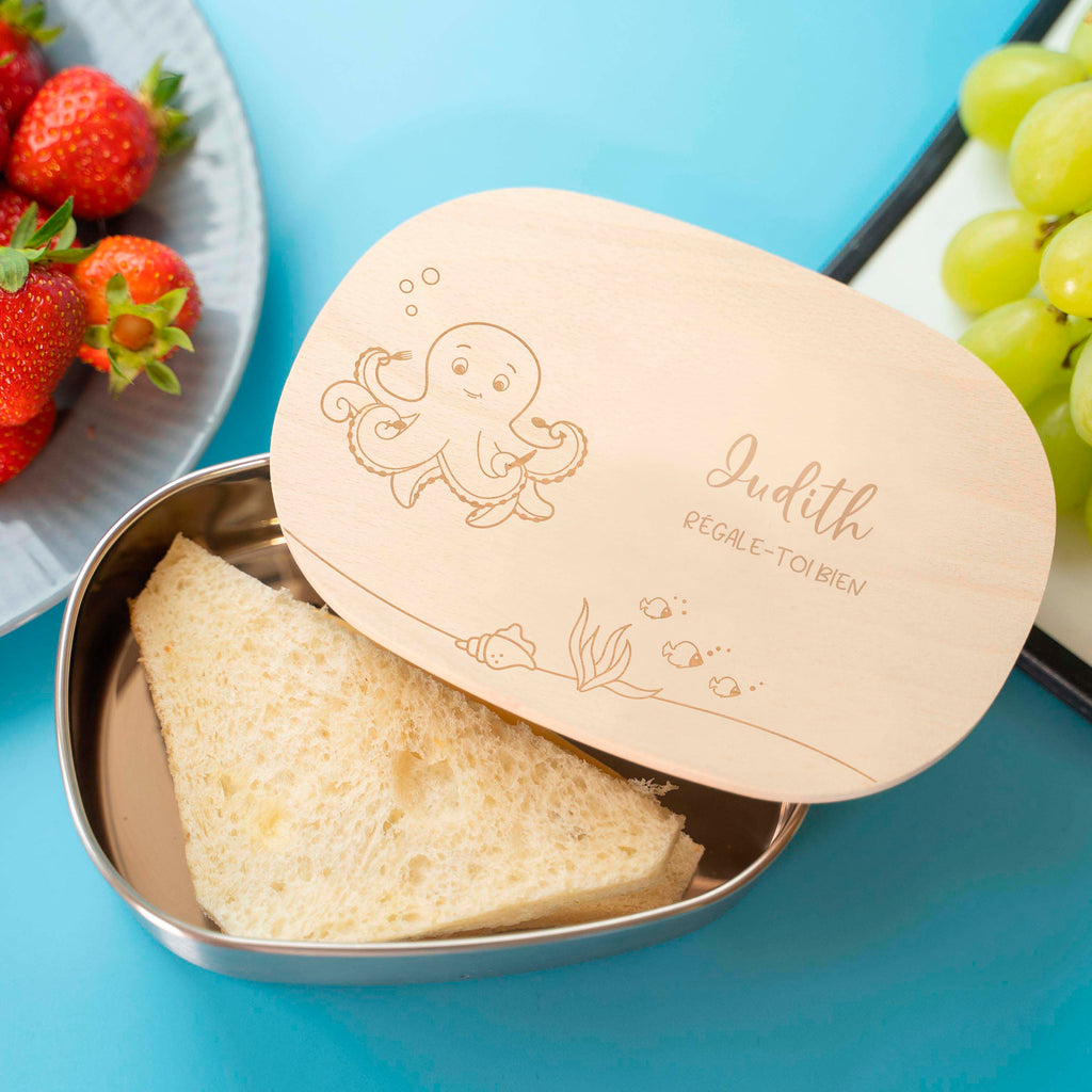 Boîte à repas personnalisée en inox avec couvercle en bois pour enfants - Motif pieuvre - Image 2