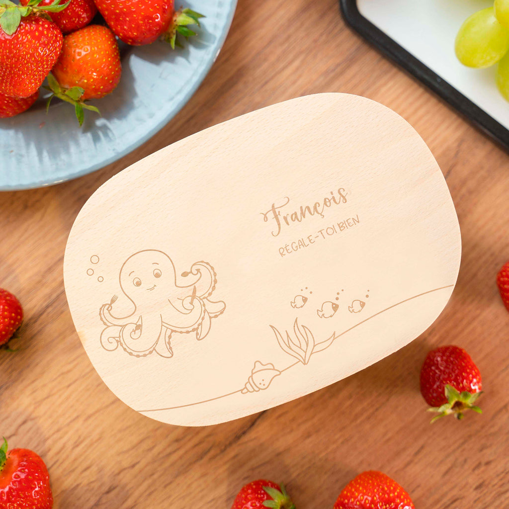 Boîte à repas personnalisée en inox avec couvercle en bois pour enfants - Motif pieuvre - Image 4