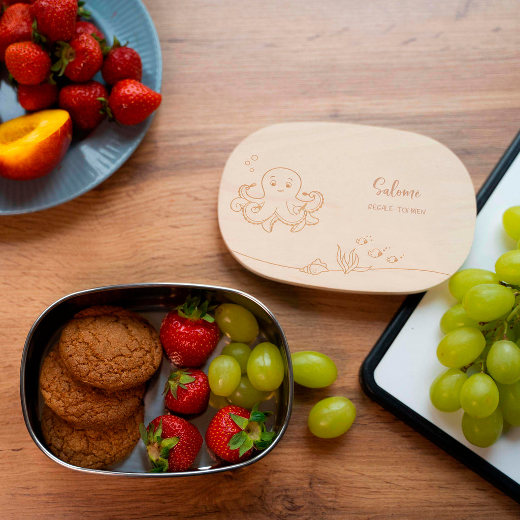 Boîte à repas personnalisée en inox avec couvercle en bois pour enfants - Motif pieuvre - Image 5