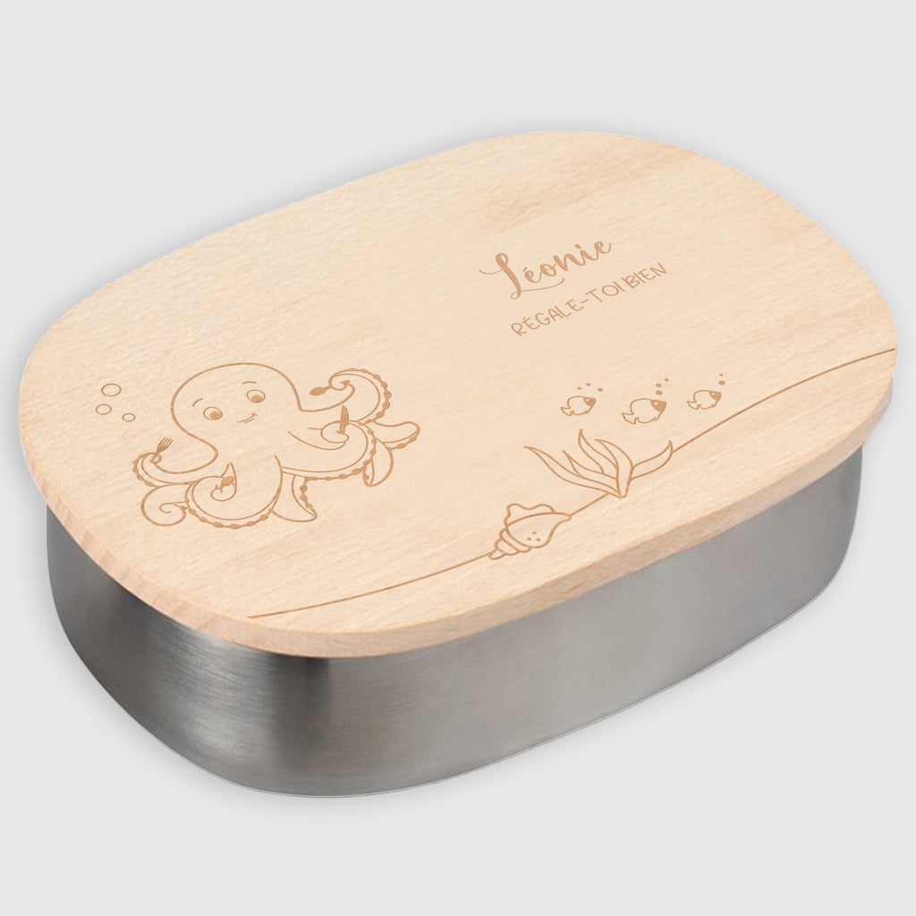 Boîte à repas personnalisée en inox avec couvercle en bois pour enfants - Motif pieuvre - Image 1