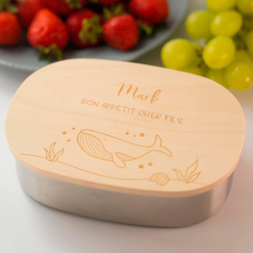 Boîte à repas personnalisée en inox avec couvercle en bois pour enfants - Motif baleine - Image 2