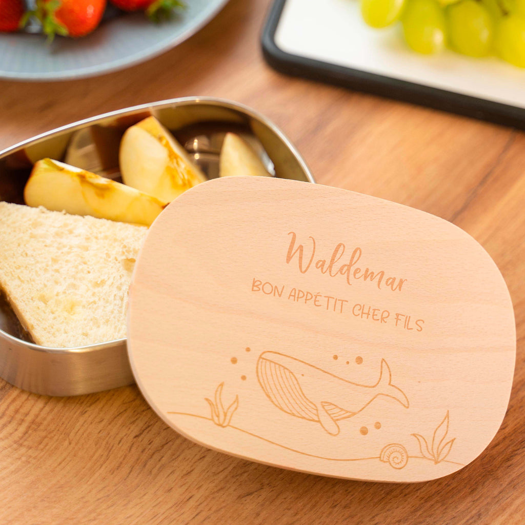 Boîte à repas personnalisée en inox avec couvercle en bois pour enfants - Motif baleine - Image 5