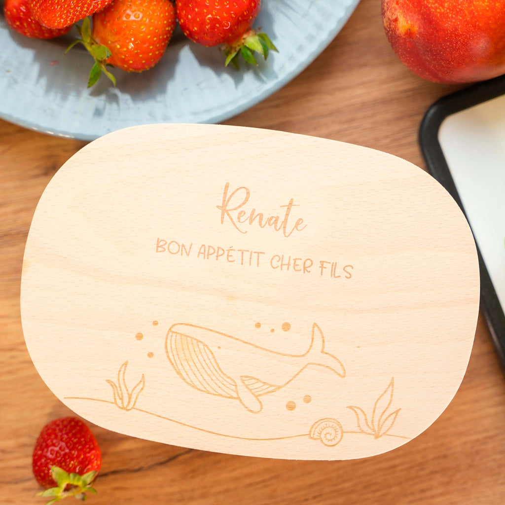 Boîte à repas personnalisée en inox avec couvercle en bois pour enfants - Motif baleine - Image 6