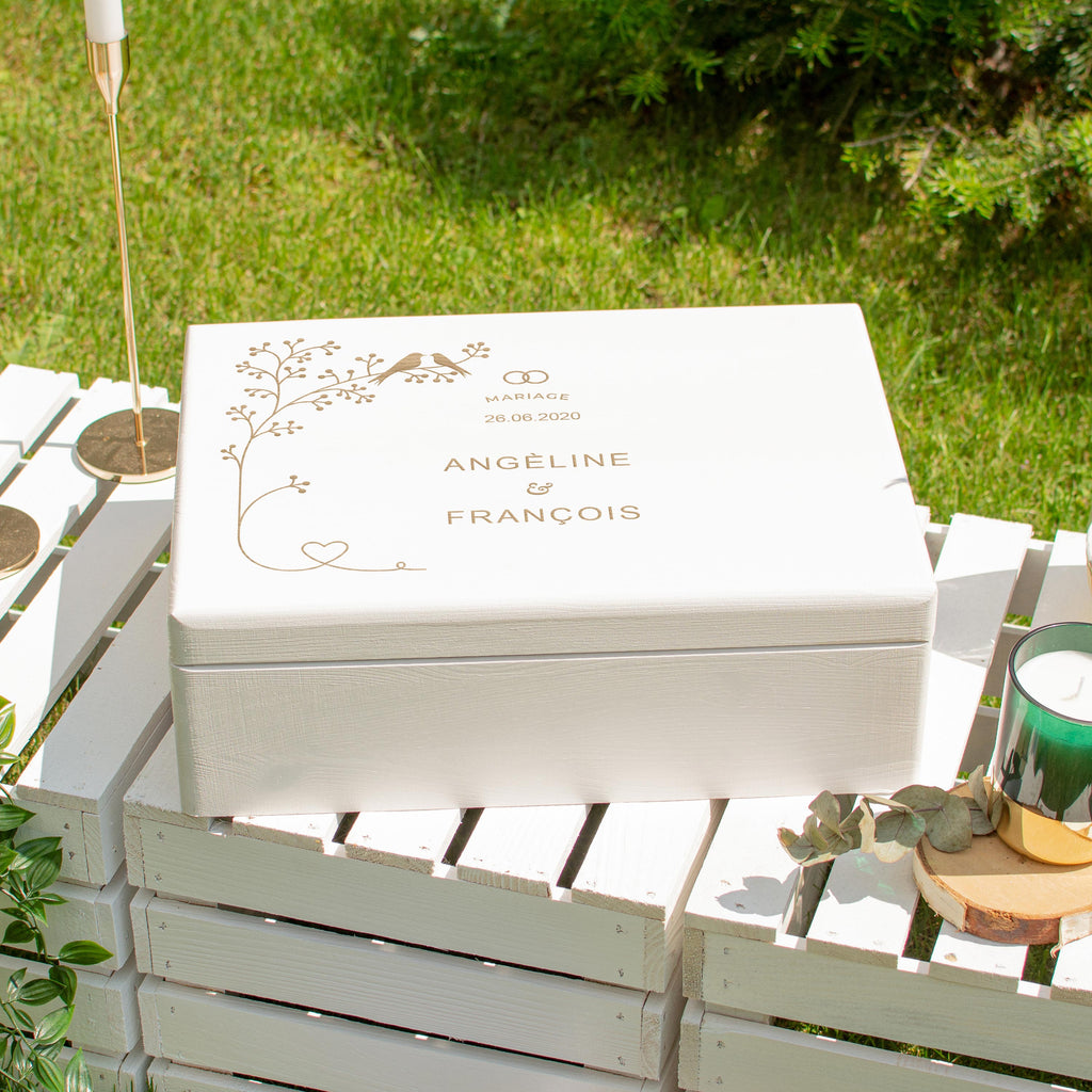 Boîte à souvenirs de mariage - Oiseaux - Boîte de mariage personnalisée - Boîte en bois blanc, FSC®️ - Image 8