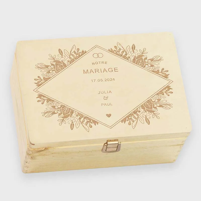 Boîte à souvenirs de mariage - Fleurs - Boîte de mariage personnalisée - Boîte en bois naturel, FSC®️ - Image 12