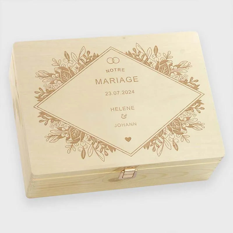 Boîte à souvenirs de mariage - Fleurs - Boîte de mariage personnalisée - Boîte en bois naturel, FSC®️ - Image 13