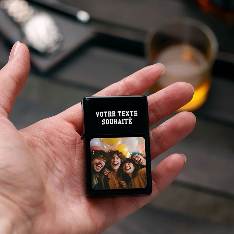 Briquet à essence en métal personnalisé avec photo pour hommes – Photo couleur, noir - Image 6