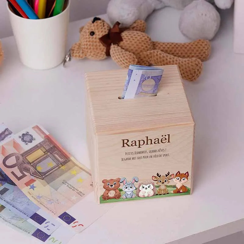 Tirelire Enfant Personnalisable – Motif Raton Laveur – Avec Son Prénom – Cadeau D’argent Pour Anniversaire, Noël, Baptême